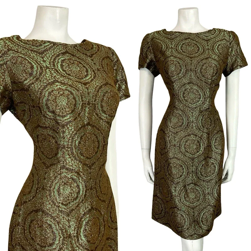 VTG 60S GREEN COPPER BROWN IRIDESCENT BROCADE PLUNGING BACK PARTY MINI DRESS 10 Elegant Silk Mini Dress