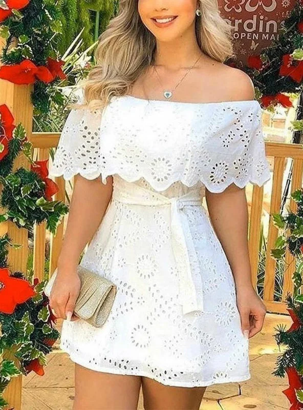 White Women Off Shoulder Broderie Lace Mini Dress Elegant Tulle Mini Dress