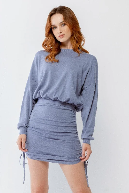 Dusty Blue Ruched Crew Neck Long Sleeve Mini Dress /3-2-1 Casual V-Neck Mini Dress