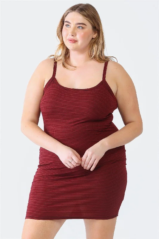 Plus Size Burgundy Stripe Print Mini Dress Trendy Mesh Mini Dress