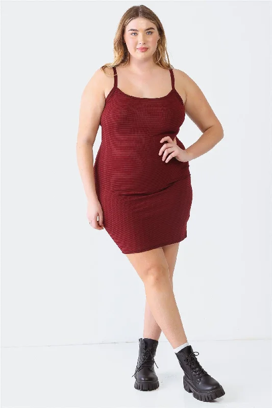 Plus Size Burgundy Stripe Sleeveless Mini Dress Trendy Lace Mini Dress