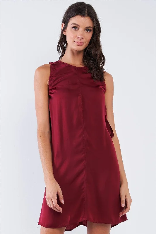 Wine Red Satin Loose Fit Sleeveless Round Neck Mini Dress With Side Ribbon Draw String Ties Dress Trendy A-Line Mini Dress