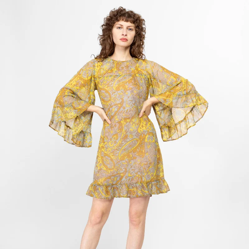 XS-Sm 60s Yellow Paisley Print Bell Sleeve Mini Dress, As Is Cozy Knit Mini Dress