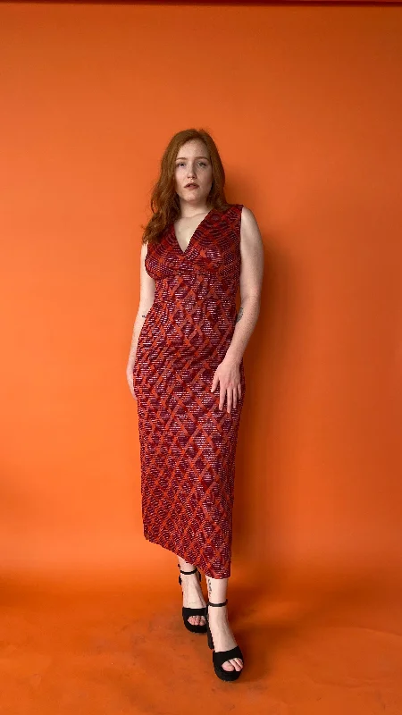 1970s Burgundy & Orange Plaid Maxi Dress, sz. M/L Fashionable Halter Neck Maxi Dress 1970s Burgundy & Orange Plaid Maxi Dress, sz. M/L Fashionable Halter Neck Maxi Dress