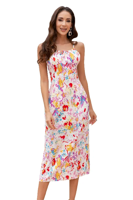 Women Maxi Floral Straight Neck Smocked tied Maxi Dress-White Trendy Floral Print Maxi Dress Women Maxi Floral Straight Neck Smocked tied Maxi Dress-White Trendy Floral Print Maxi Dress