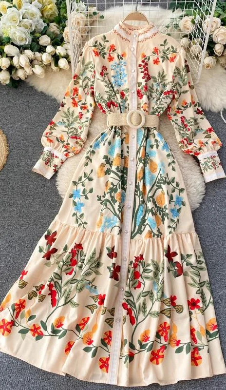 Bohemian Maxi Dress, Bohemian Stand Collar Button Puff Sleeve Maxi Dresses Elegant Maxi Dress with Drapes Bohemian Maxi Dress, Bohemian Stand Collar Button Puff Sleeve Maxi Dresses Elegant Maxi Dress with Drapes