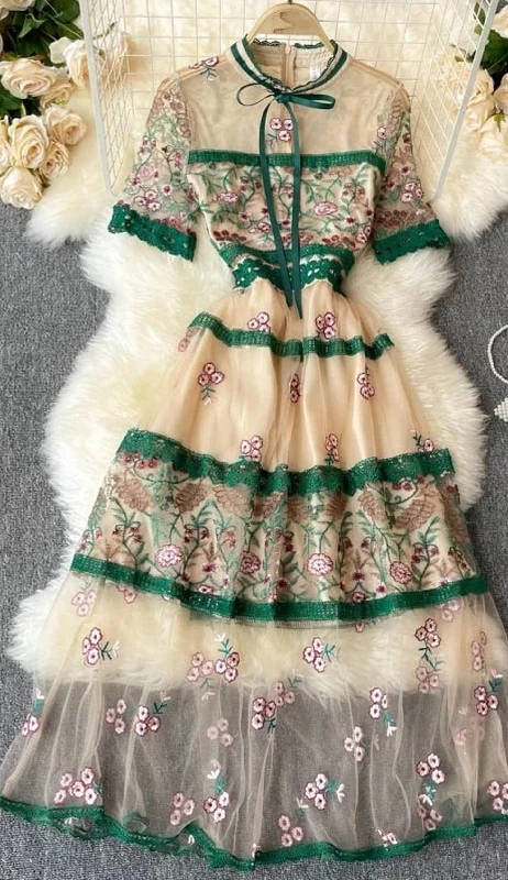 Elegant See Through Long Lantern Sleeve Mesh Dress, Flower Embroidery Lace High Waist Bohemian Maxi Dress Trendy Maxi Dress with Lace Elegant See Through Long Lantern Sleeve Mesh Dress, Flower Embroidery Lace High Waist Bohemian Maxi Dress Trendy Maxi Dress with Lace