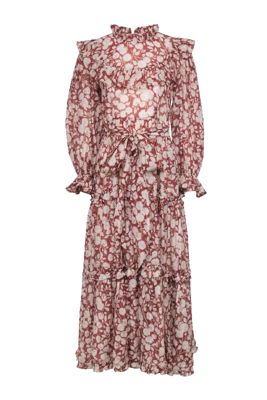 Doen - Rust Red & Cream Floral Print Long Sleeve Maxi Dress Sz M Cozy Cold-Shoulder Maxi Dress Doen - Rust Red & Cream Floral Print Long Sleeve Maxi Dress Sz M Cozy Cold-Shoulder Maxi Dress