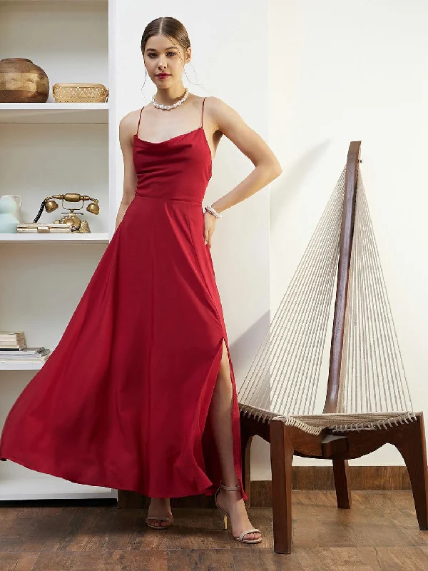 Berrylush Women Solid Red Cowl Neck Sleeveless Lace-Up Backless Flared Maxi Dress Stylish Long Sleeve Maxi Dress Berrylush Women Solid Red Cowl Neck Sleeveless Lace-Up Backless Flared Maxi Dress Stylish Long Sleeve Maxi Dress