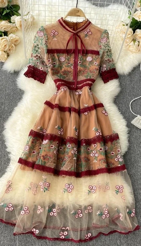 Elegant See Through Long Lantern Sleeve Mesh Dress, Flower Embroidery Lace High Waist Bohemian Maxi Dress Stylish Maxi Dress with Frills Elegant See Through Long Lantern Sleeve Mesh Dress, Flower Embroidery Lace High Waist Bohemian Maxi Dress Stylish Maxi Dress with Frills