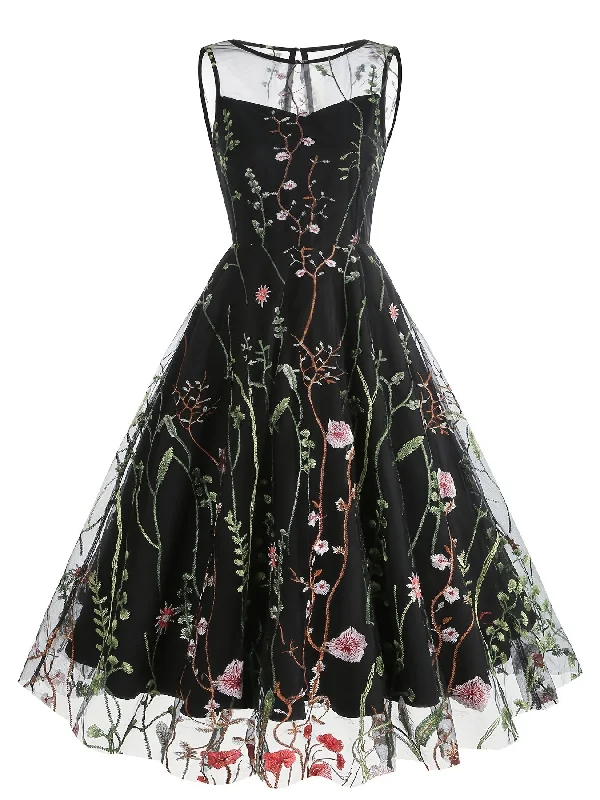 Embroidery Mesh Floral Print Vintage Sleeveless Ruffle Hem Maxi Dress Classic A-Line Maxi Dress Embroidery Mesh Floral Print Vintage Sleeveless Ruffle Hem Maxi Dress Classic A-Line Maxi Dress