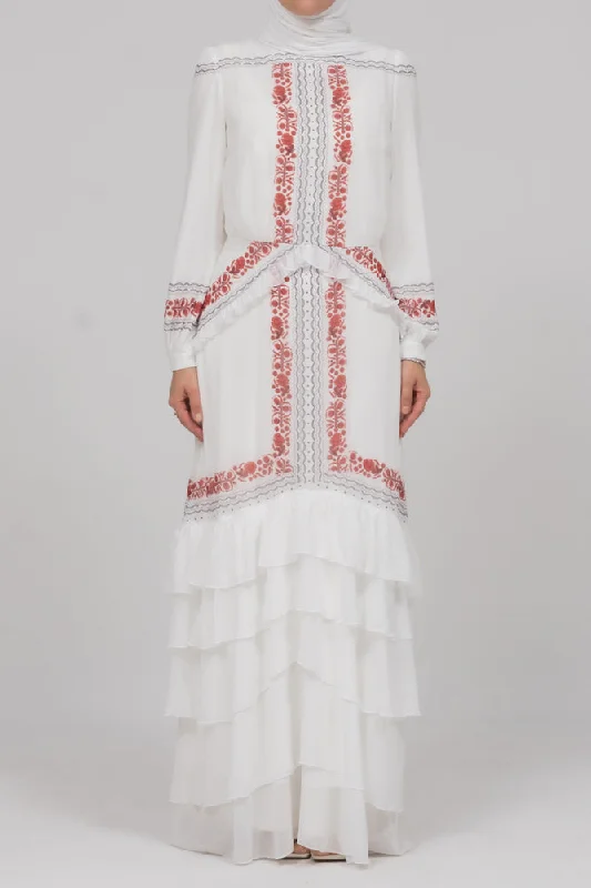 In Style chiffon long sleeve maxi dress with frills in tatreez print ecru white Chic Sleeveless Maxi Dress In Style chiffon long sleeve maxi dress with frills in tatreez print ecru white Chic Sleeveless Maxi Dress
