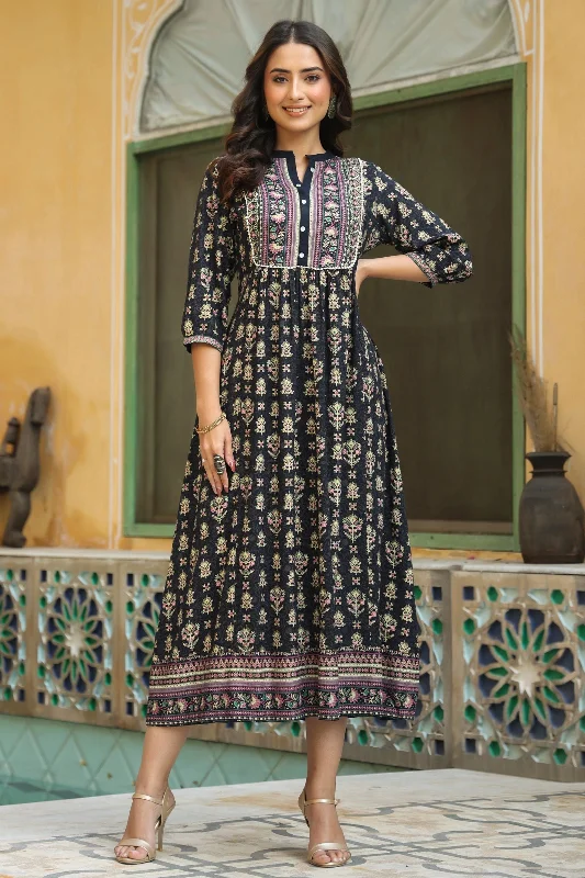 Jashvi Dark Blue Ethnic Motif Printed Rayon Maxi Dress with Lace Work Comfortable Long-Sleeve Maxi Dress Jashvi Dark Blue Ethnic Motif Printed Rayon Maxi Dress with Lace Work Comfortable Long-Sleeve Maxi Dress