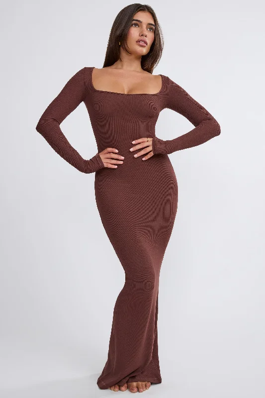Ribbed Modal Long Sleeve Maxi Dress in Chocolate Trendy Maxi Dress with Straps