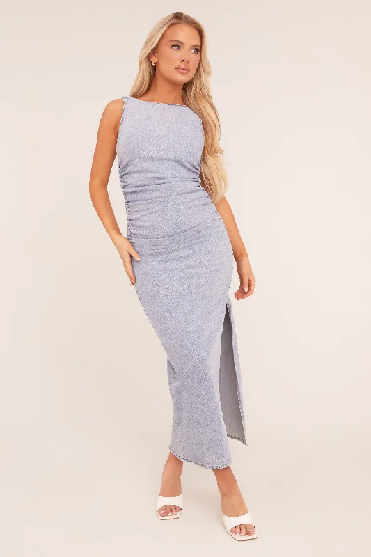 Light Blue Stretch Denim Ruched Side Slit Maxi Dress - Ashleigh Chic Boho Print Maxi Dress Light Blue Stretch Denim Ruched Side Slit Maxi Dress - Ashleigh Chic Boho Print Maxi Dress