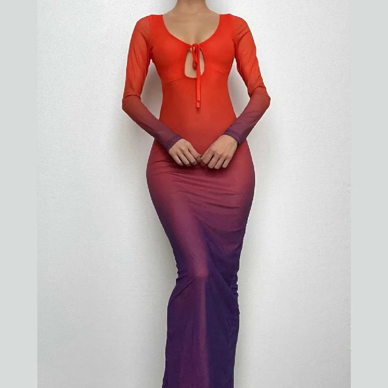Mesh gradient long sleeve self tie backless slit maxi dress Comfortable Flowy Maxi Dress Mesh gradient long sleeve self tie backless slit maxi dress Comfortable Flowy Maxi Dress