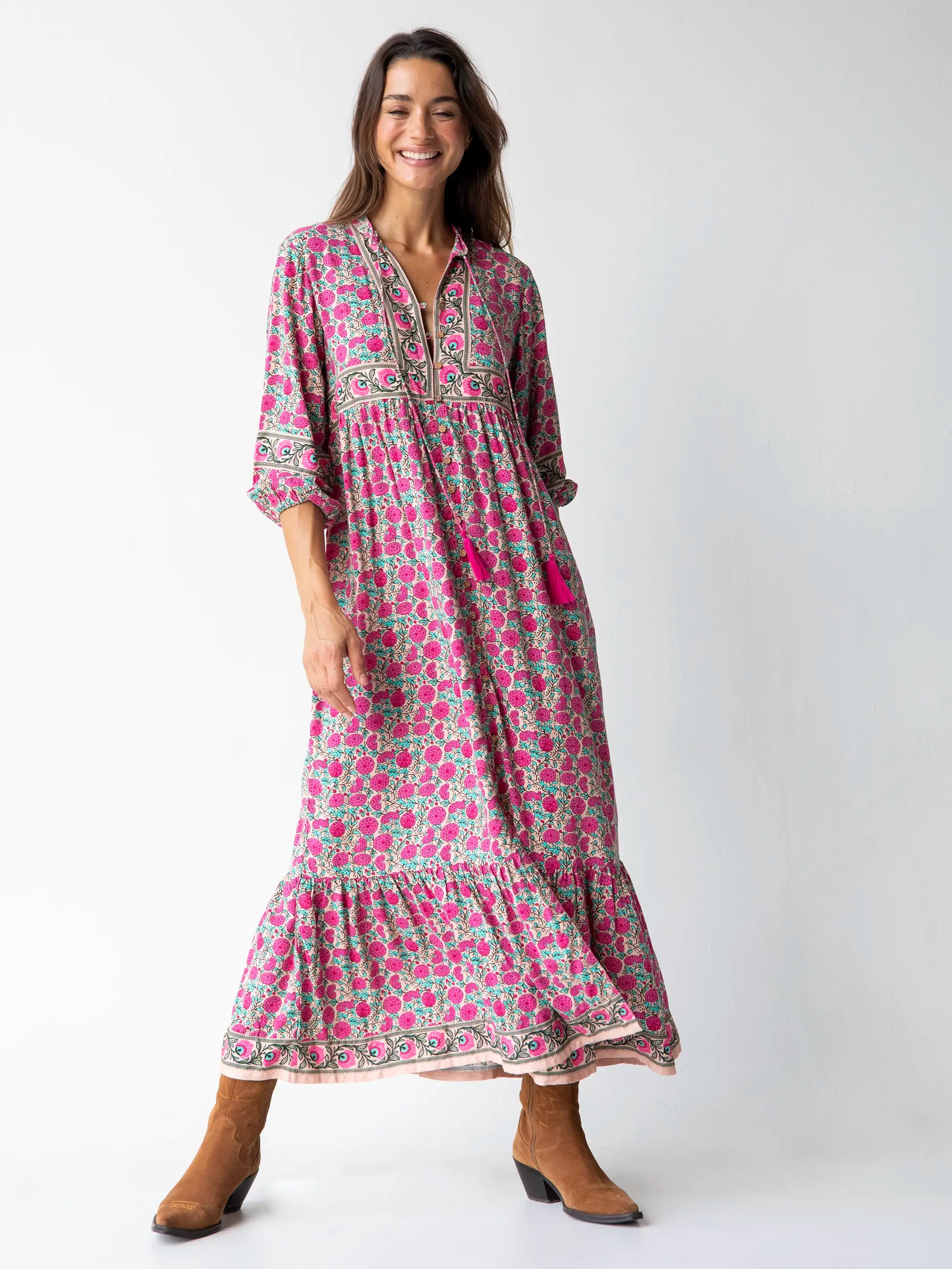 Phoebe Maxi Dress - Pink Puff Floral Trendy Maxi Dress with Bow