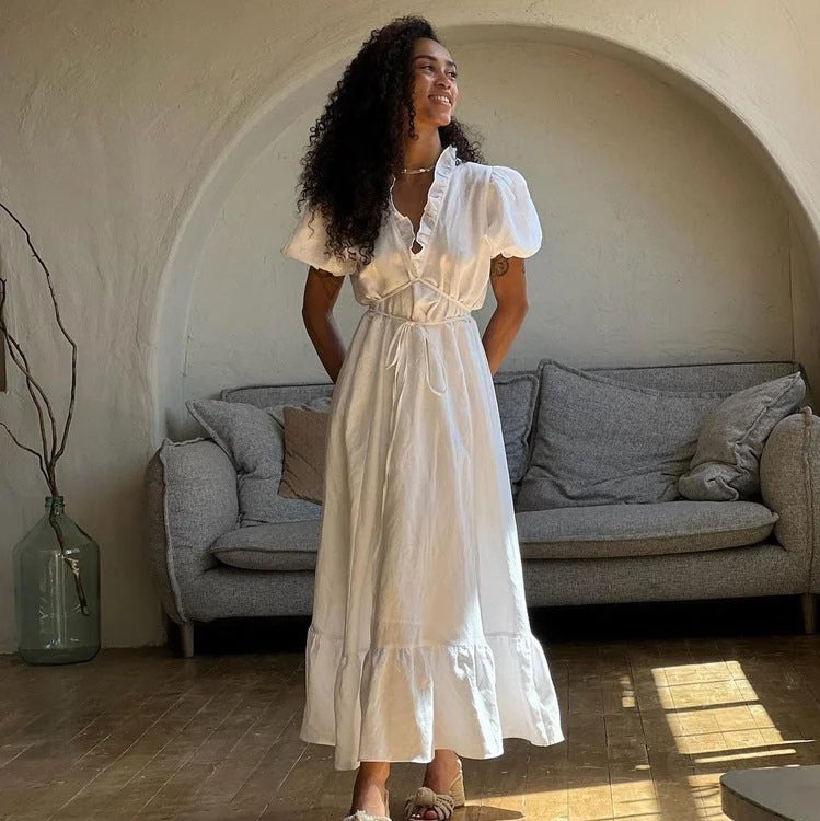 Summer Short Sleeve French Style White V-Neck Casual Maxi Dress Fashionable Sheer Maxi Dress Summer Short Sleeve French Style White V-Neck Casual Maxi Dress Fashionable Sheer Maxi Dress