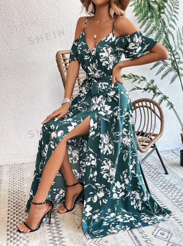 Maxi Dress VCAY Summer Woman Floral Print Cold Shoulder Wrap Hem Belted Dress Classic Tulle Maxi Dress Maxi Dress VCAY Summer Woman Floral Print Cold Shoulder Wrap Hem Belted Dress Classic Tulle Maxi Dress