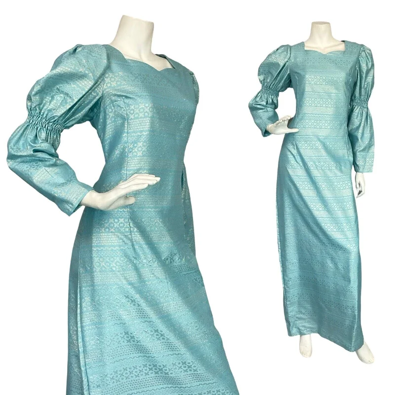VTG 60S 70S BLUE GEOMETRIC IRIDESCENT JULIET SLEEVE PARTY MAXI DRESS M 12 14 Trendy A-Line Maxi Dress VTG 60S 70S BLUE GEOMETRIC IRIDESCENT JULIET SLEEVE PARTY MAXI DRESS M 12 14 Trendy A-Line Maxi Dress