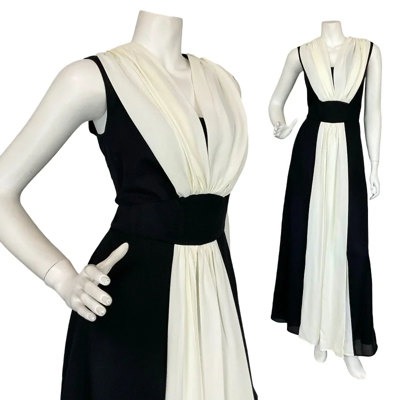 VTG 60S BLACK WHITE FLOATY RUCHED GRECO ROMAN EVENING MAXI DRESS M 12 14 Stylish One-Shoulder Maxi Dress VTG 60S BLACK WHITE FLOATY RUCHED GRECO ROMAN EVENING MAXI DRESS M 12 14 Stylish One-Shoulder Maxi Dress