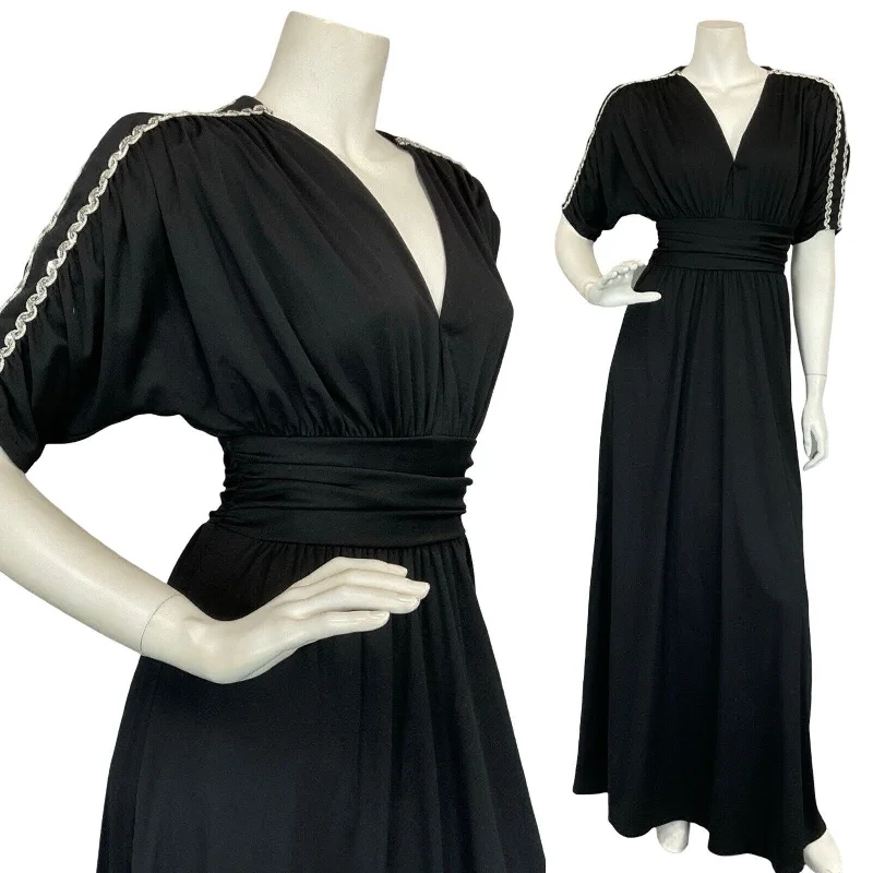 VTG 70S BLACK RUCHED BATWING EVENING SILVER TRIM PARTY MAXI DRESS S 8 10 Stylish Longline Maxi Dress VTG 70S BLACK RUCHED BATWING EVENING SILVER TRIM PARTY MAXI DRESS S 8 10 Stylish Longline Maxi Dress