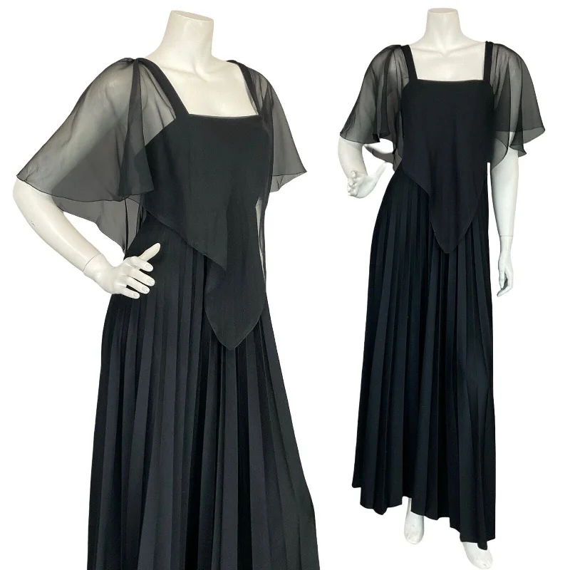 VTG 70S PETERSON MAID OF LONDON BLACK MESH CAPE PLEATED EVENING MAXI DRESS 10 Comfortable Maxi Dress with Slits VTG 70S PETERSON MAID OF LONDON BLACK MESH CAPE PLEATED EVENING MAXI DRESS 10 Comfortable Maxi Dress with Slits
