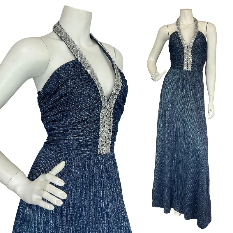 VTG 70S STUDIO 54 BLUE SILVER SEQUIN TRIM STRIPED HALTER NECK MAXI DRESS 8 10 S Comfortable Fitted Maxi Dress VTG 70S STUDIO 54 BLUE SILVER SEQUIN TRIM STRIPED HALTER NECK MAXI DRESS 8 10 S Comfortable Fitted Maxi Dress