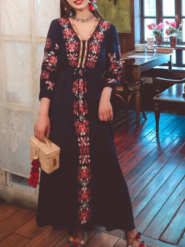 Women's Bohemian Embroidered Floral V Neck Long Sleeve Cotton Boho Maxi Dress Elegant Silk Maxi Dress Women's Bohemian Embroidered Floral V Neck Long Sleeve Cotton Boho Maxi Dress Elegant Silk Maxi Dress