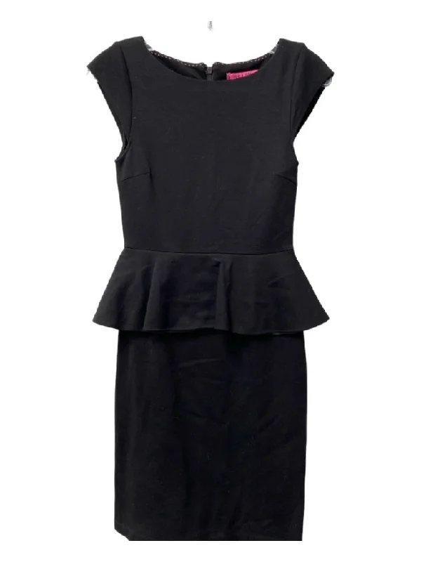 Alice + Olivia Size S Black Rayon Blend Boat Neck Cap Sleeve Ruffle Detail Dress