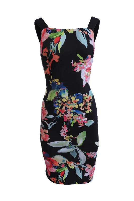 Multi-Colour Water Colour Flower Black Dress