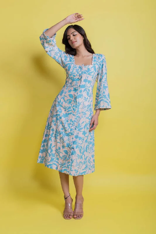 Sara Beige & Blue Vegan Silk Dress