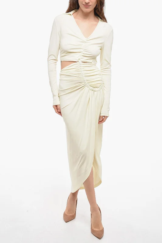 Off-White Crepe Draped Dress with Pointed Collar 44 Italian size
