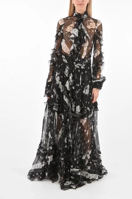 Philipp Plein COUTURE EST.1978 Sheer silk ruffles floor dress with tie nec Xs Standard size