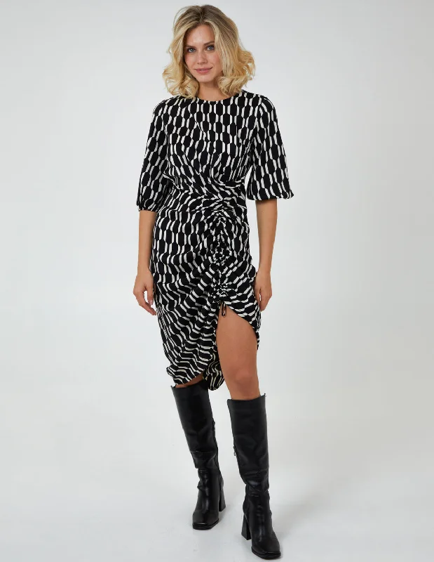 Mono Geometric Print Ruched Hem Dress