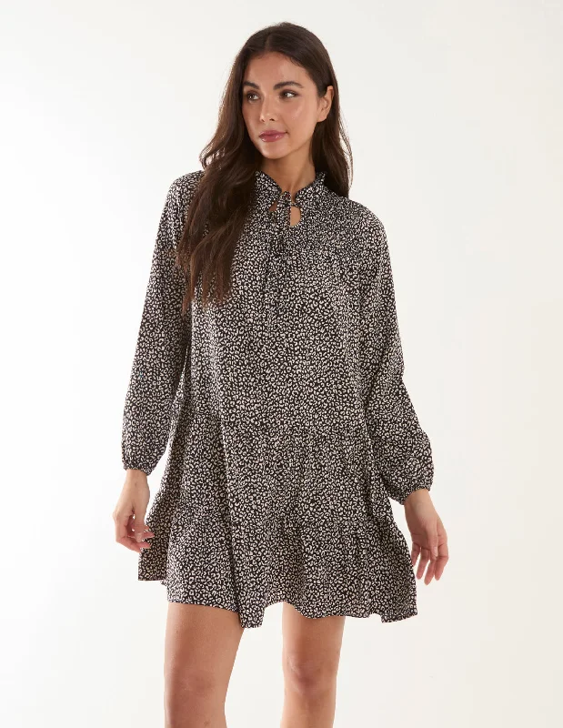 Shirred Cheetah Smock Dress
