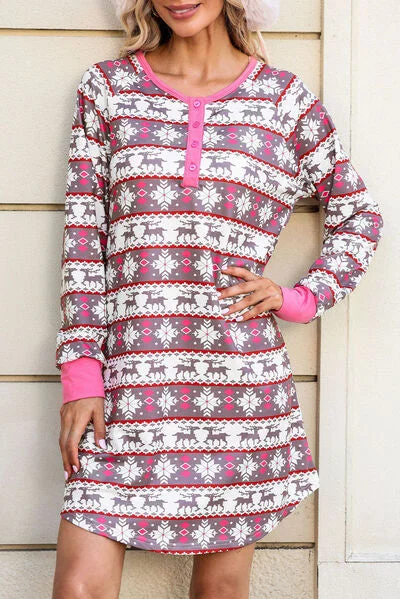 Blue Zone Planet |  Christmas Pattern Half Button Dress