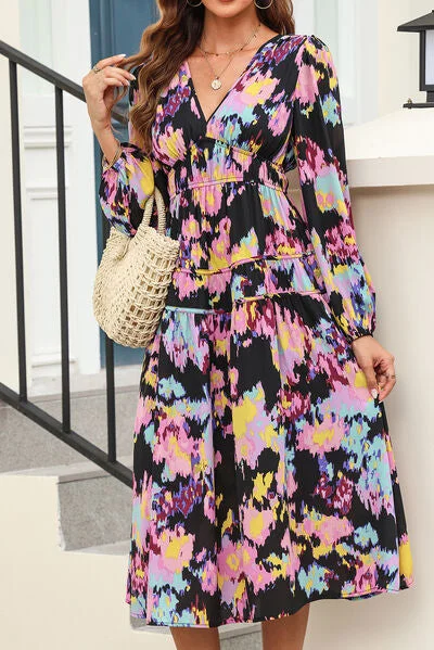 Blue Zone Planet |  Printed V-Neck Balloon Sleeve Dress