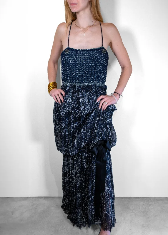 Chanel Evening Dress In Blue And White Printed Silk Dress