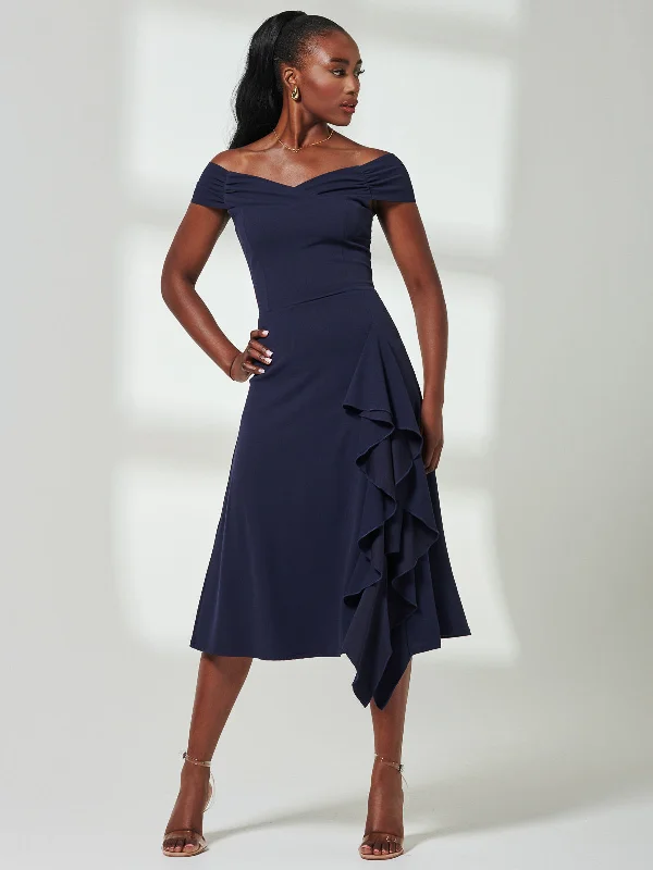Desiree Frill Fit & Flare Dress, Navy