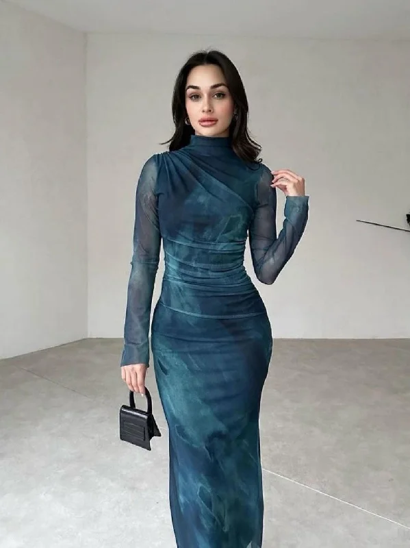 Tie Dye Print High Neck Mesh Full Sleeves Dress