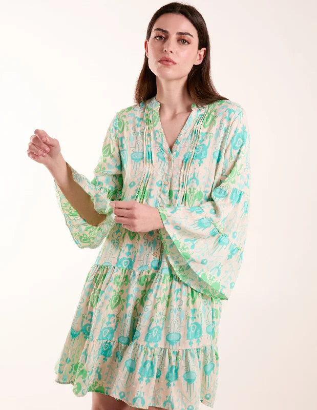 Pin Tuck Tiered Abstract Smock Dress