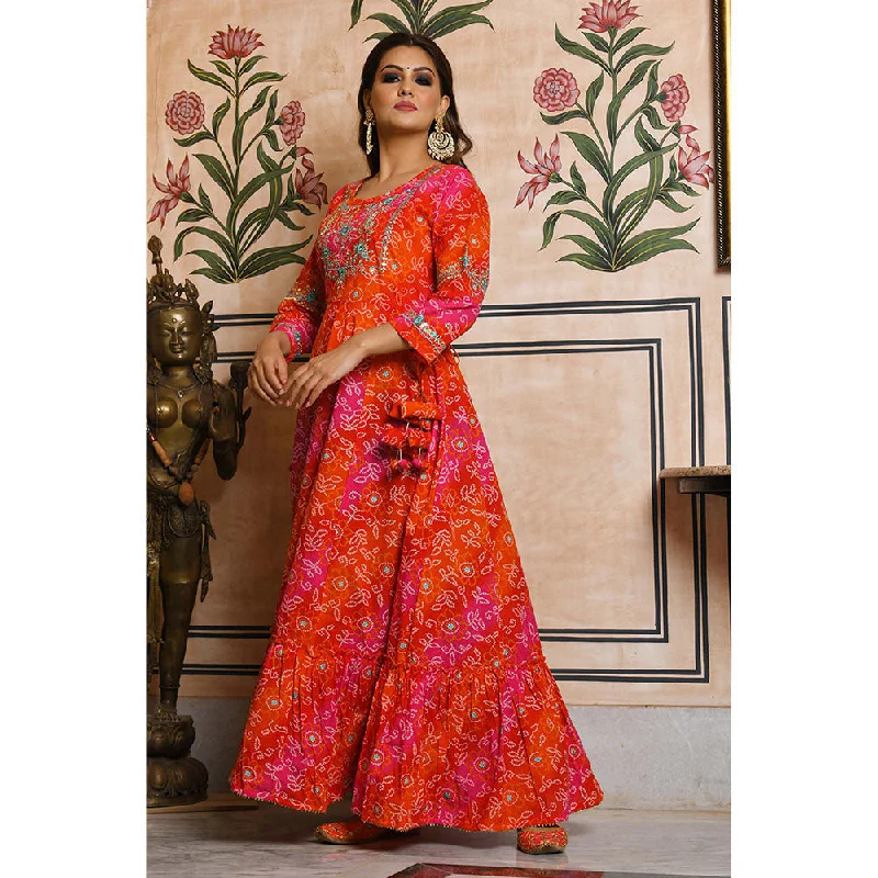 KAAJH Orange Bandhej Print Cotton Ethnic Dress