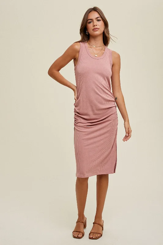 KNIT RIBBED RUCHED DRESS D. MAUVE