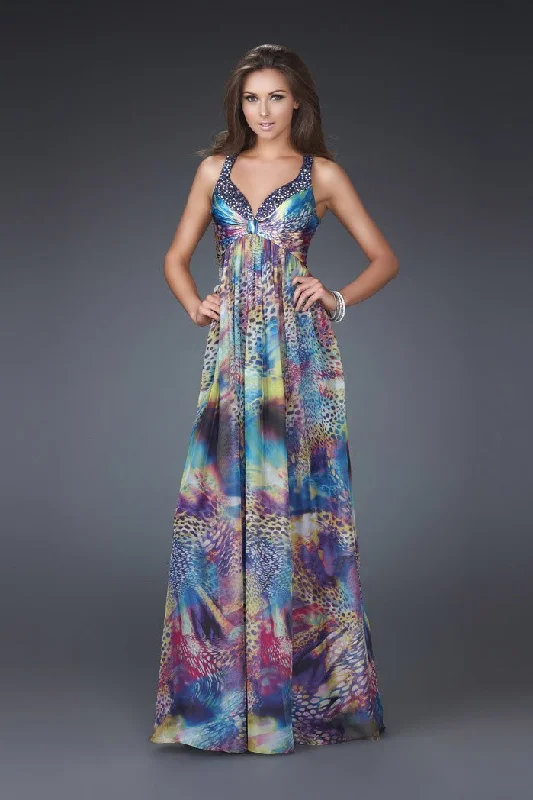 La Femme - Adorned Strappy Open Back Empire Slit Dress 16594