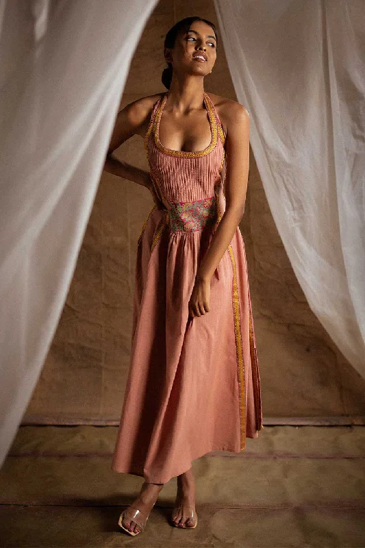 Peach Embroidered Halter Neck Dress