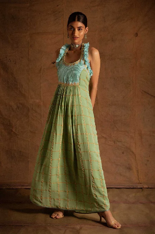 Sea Blue Kadi Print Ruffled Dress