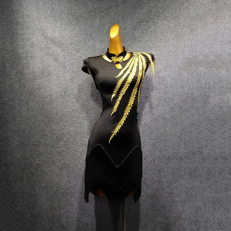 Mandarin Collar Cap Sleeve Latin Dress with Tassels