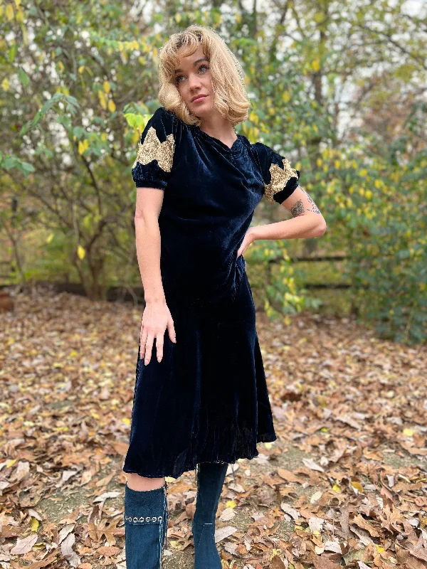 30s Blue Silk Velvet Bias Cut Vintage Dress with Lace