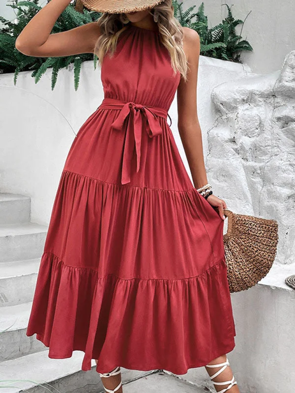 Blue Zone Planet |  Halter neck solid color mid-length dress